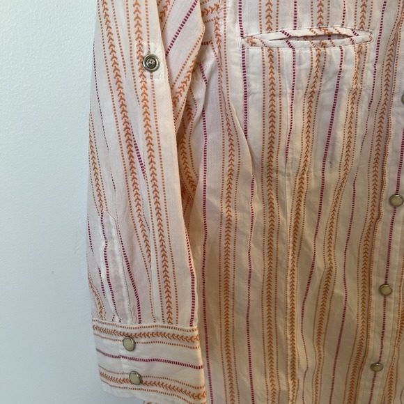 The North Face Women Small White Orange Striped Snap Front Roll Tab Sleeve Shirt - Picture 6 of 10